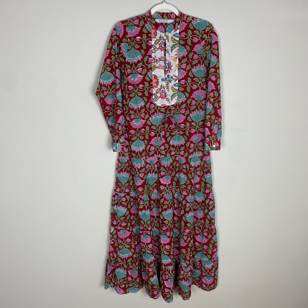 KLEED Floral Block Print Maxi Dress Women S/M Kimono Inspired Tiered Cotton Boho